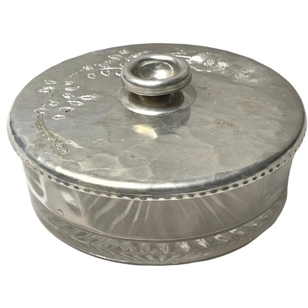 Vintage Trinket Jar Jewelry Box Vanity Hammered Lid Cover Cut Glass